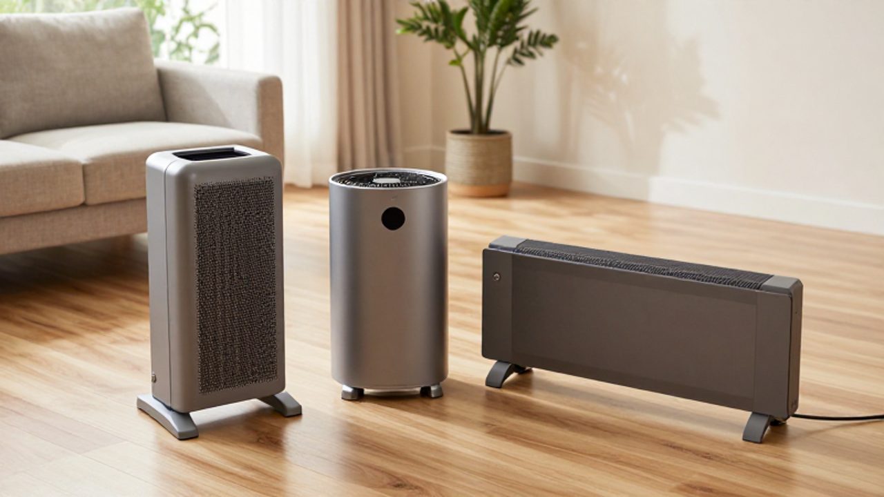 Tres tipos de calefactores eléctricos modernos, un ventilador cerámico, una unidad TPT y un panel radiante, dispuestos sobre un suelo de madera en un salón luminoso.