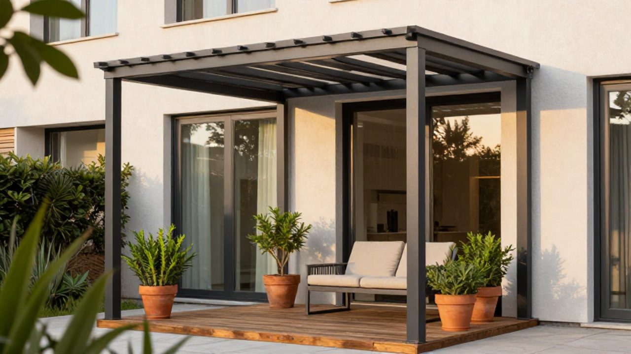 Pérgola de aluminio gris oscuro instalada sobre una terraza pequeña con suelo de madera, un sillón con cojines y plantas verdes.