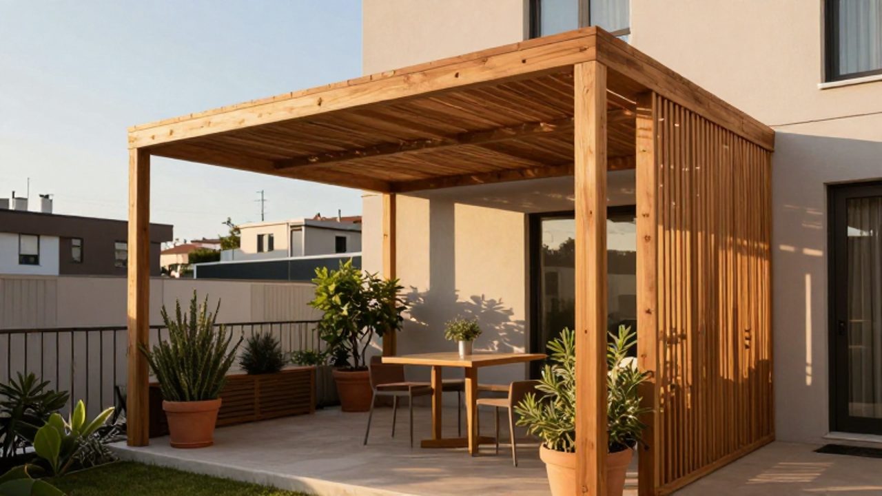 Pérgola de madera minimalista que proporciona sombra sobre un conjunto de mesa y sillas en una terraza urbana pequeña.