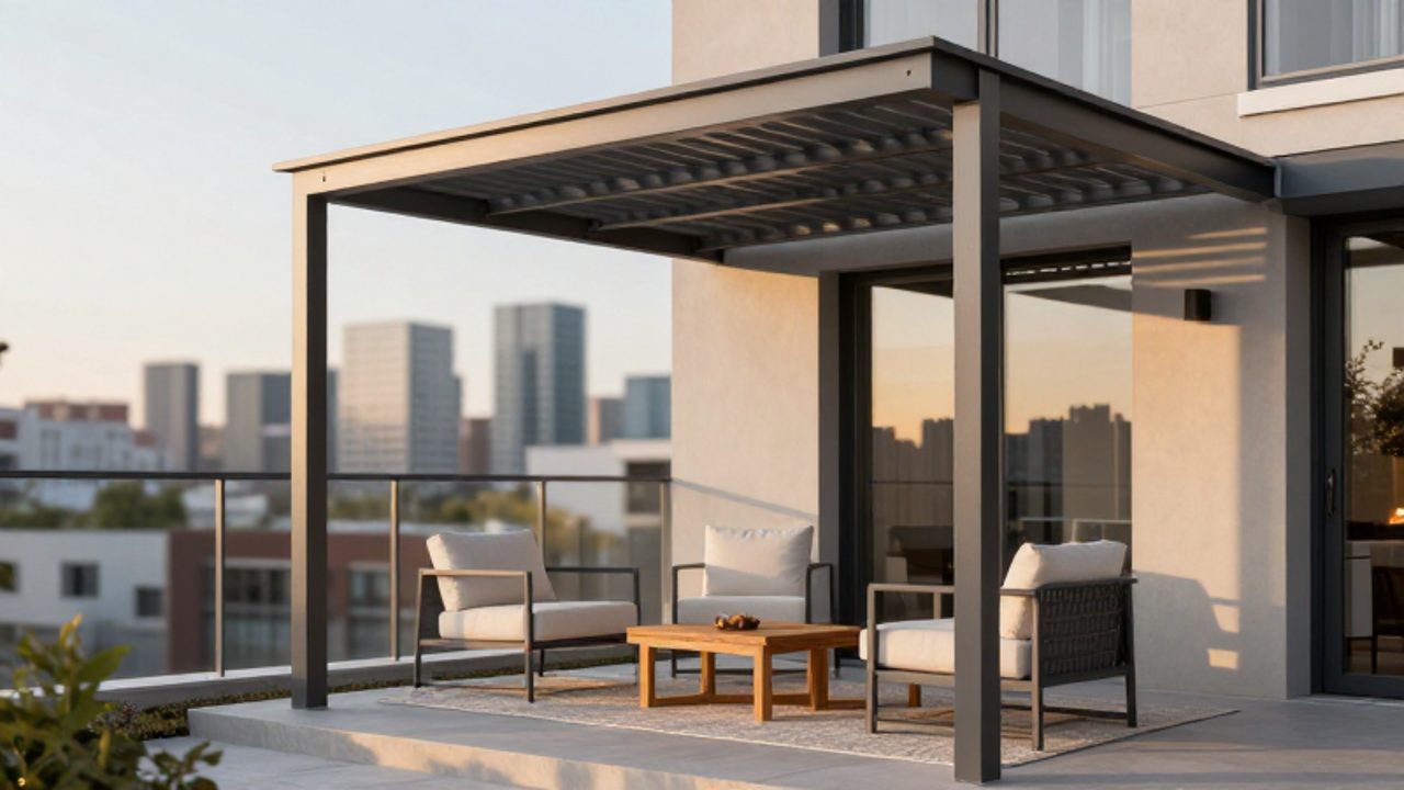 Pérgola de aluminio gris oscuro instalada en un balcón pequeño, cubriendo un área de descanso con sillones y una mesa de madera.