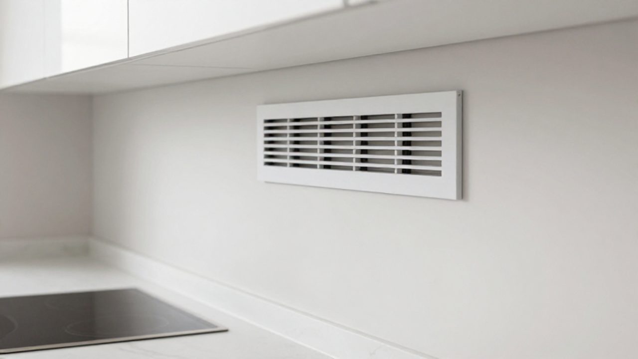 Rejilla de ventilación blanca instalada en la parte superior de una pared de cocina moderna y minimalista.