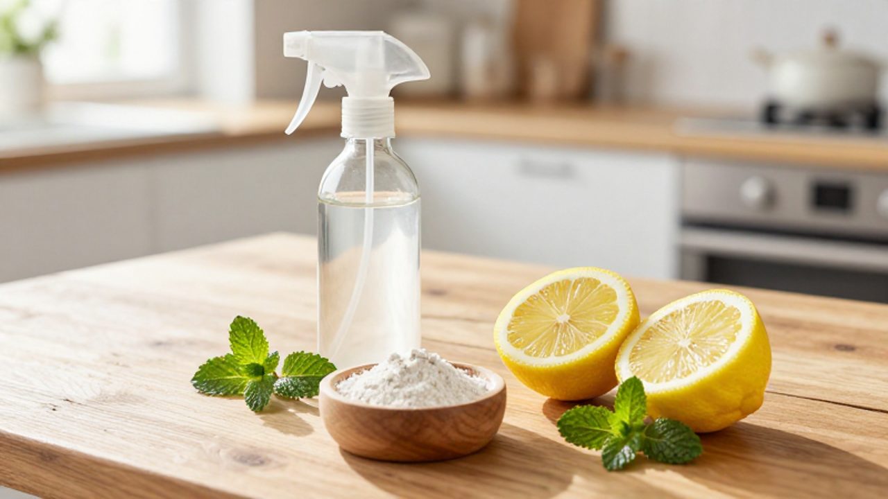 Ingredientes naturales para el control de plagas, como vinagre, rodajas de limón, tierra de diatomeas y hojas de menta, dispuestos sobre una encimera de madera.