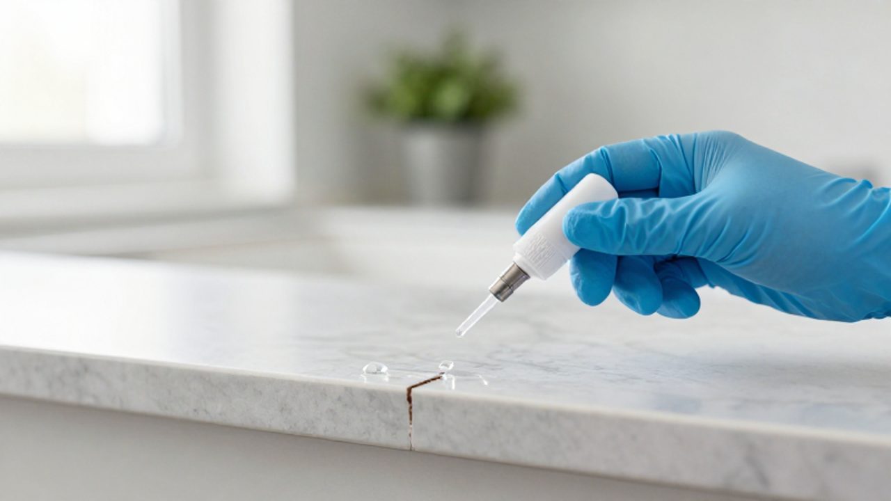 Un técnico con guantes azules aplica un tratamiento líquido de precisión en una grieta del rodapié de una cocina moderna.