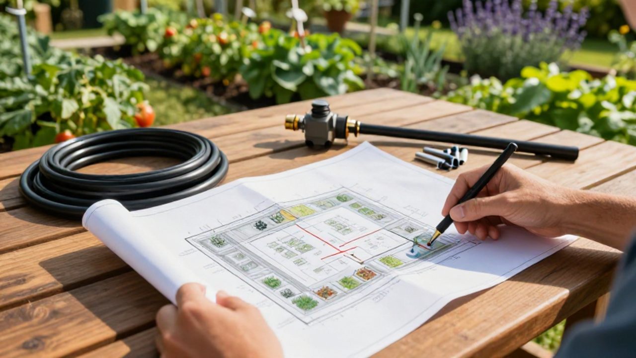 Manos de un jardinero extendiendo un plano técnico de riego sobre una mesa de madera con tubos y emisores junto a un huerto.