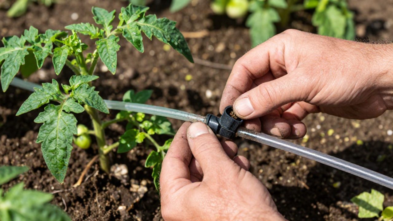 Unas manos limpian un pequeño emisor de un tubo de riego por goteo en un huerto con plantas de tomate.
