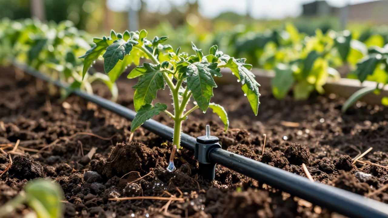 Gotas de agua salen de un emisor en una tubería negra de riego por goteo directamente sobre la base de una planta de tomate en un huerto.