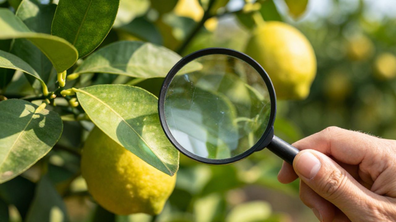 Manos inspeccionando con una lupa el envés de una hoja de cítrico para detectar la presencia de ácaros.