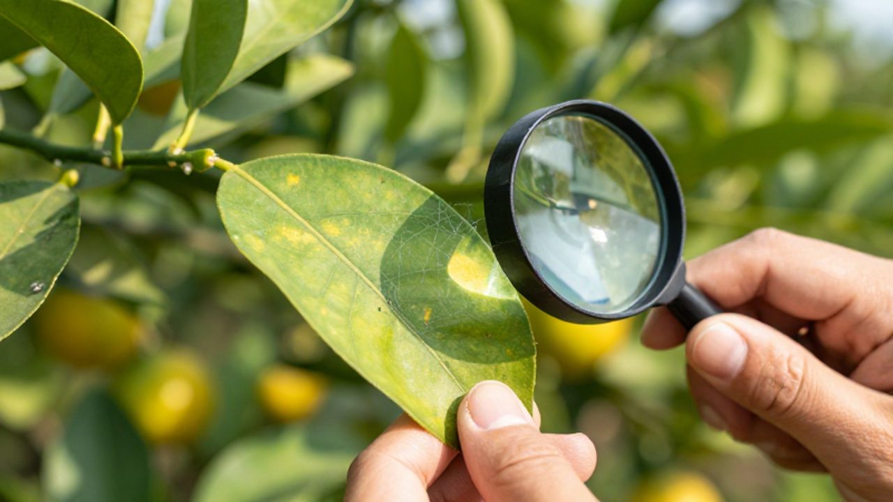 Unas manos de jardinero inspeccionan el envés de una hoja de limón con una lupa para identificar pequeñas manchas amarillentas y finas telas de araña.