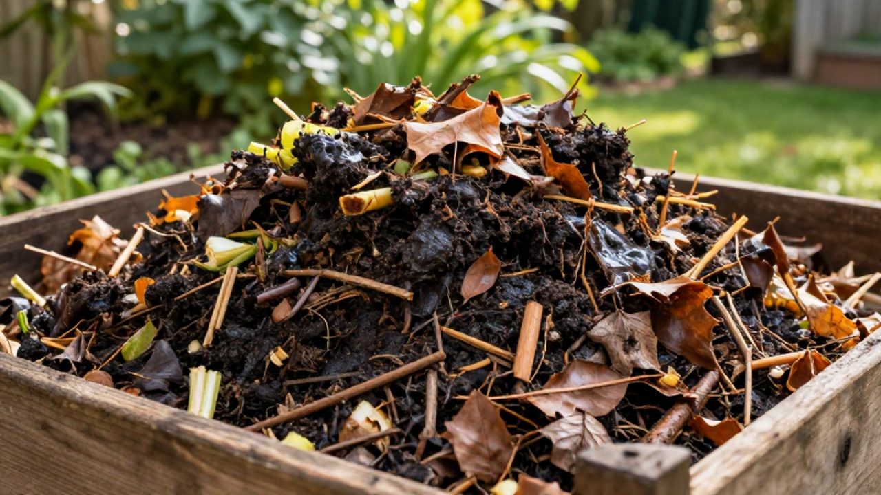 Montón de compost en una compostera de madera donde se aprecia un núcleo oscuro, húmedo y compactado de restos vegetales rodeado por una capa exterior seca de hojas y ramas.