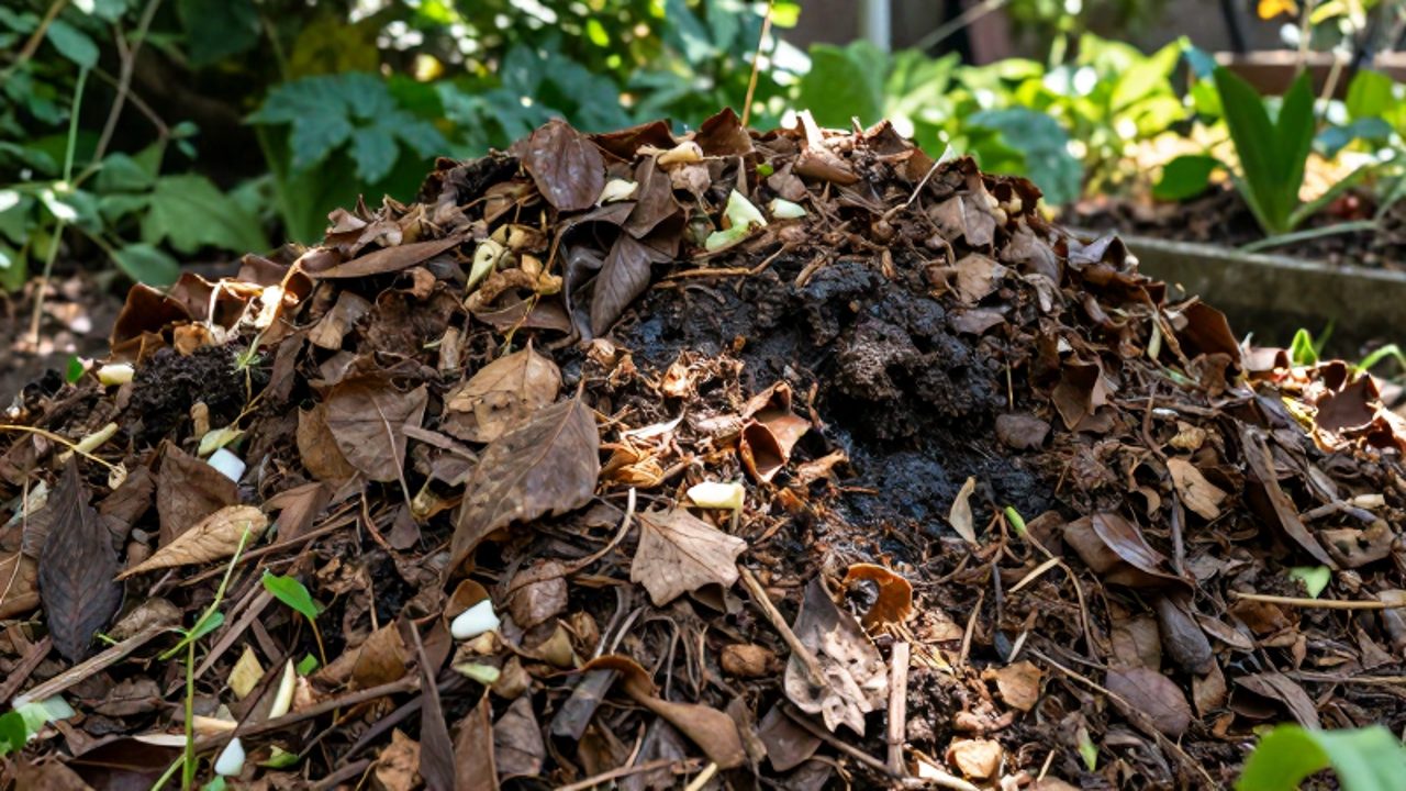 Montón de compost compacto y húmedo con restos de hojas y vegetales en descomposición desigual dentro de un jardín.
