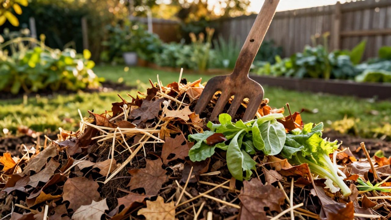 Montón de compost compuesto por hojas secas, paja y restos de vegetales con una horca de madera clavada para su aireación en un jardín.
