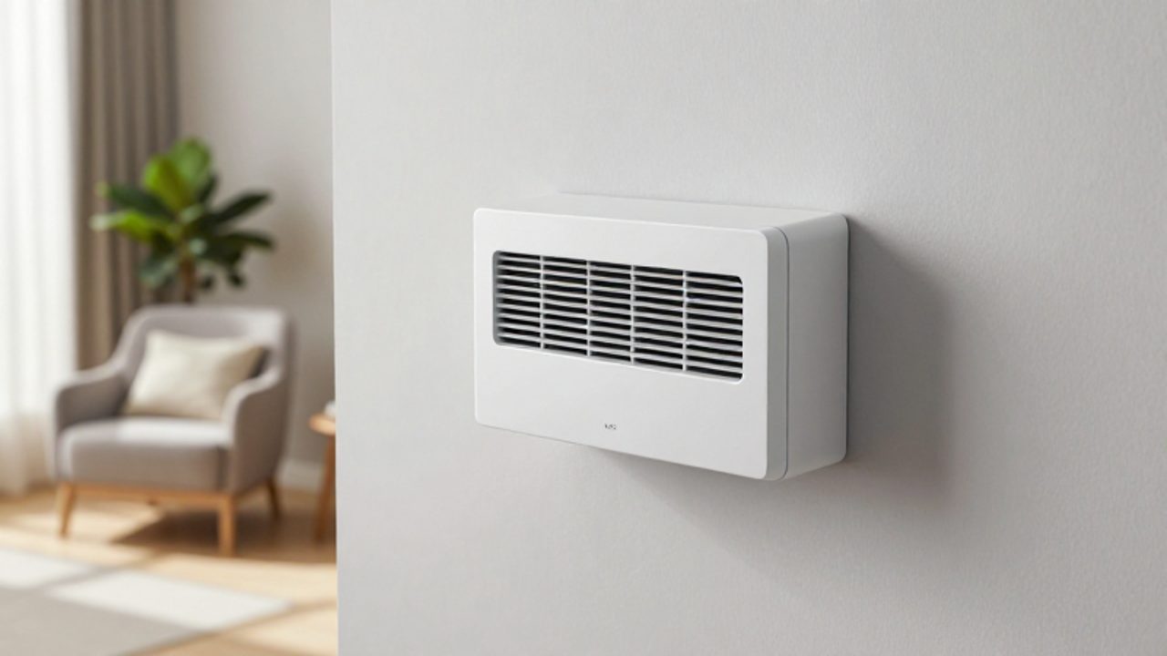 Unidad de ventilación mecánica descentralizada de diseño minimalista instalada en la pared de un salón moderno y luminoso.