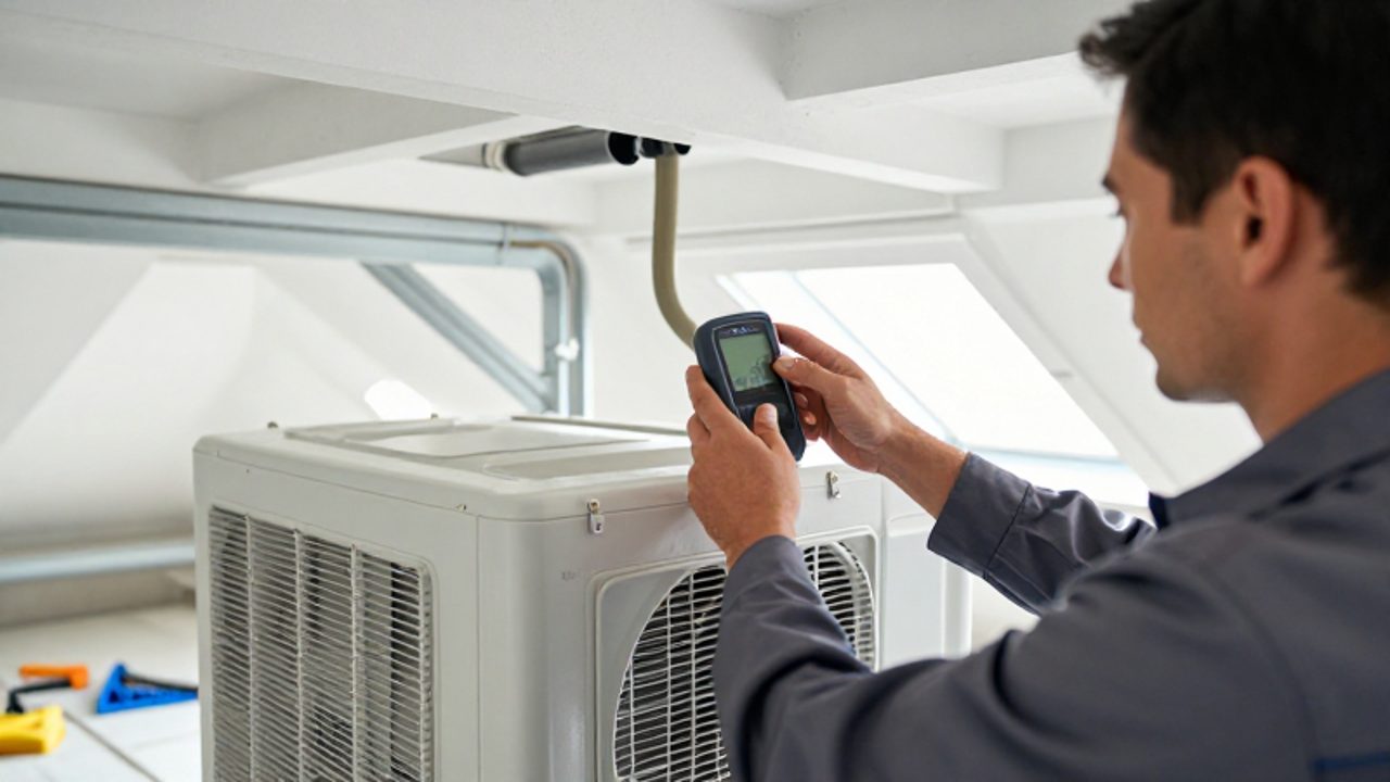 Un técnico especializado revisa y ajusta una unidad de ventilación mecánica en un espacio doméstico limpio y organizado.