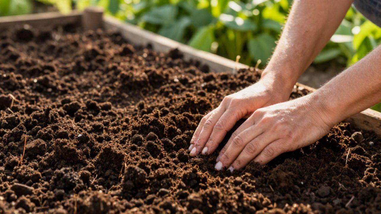Unas manos mezclan compost orgánico oscuro en un lecho de tierra para mejorar su textura y fertilidad.