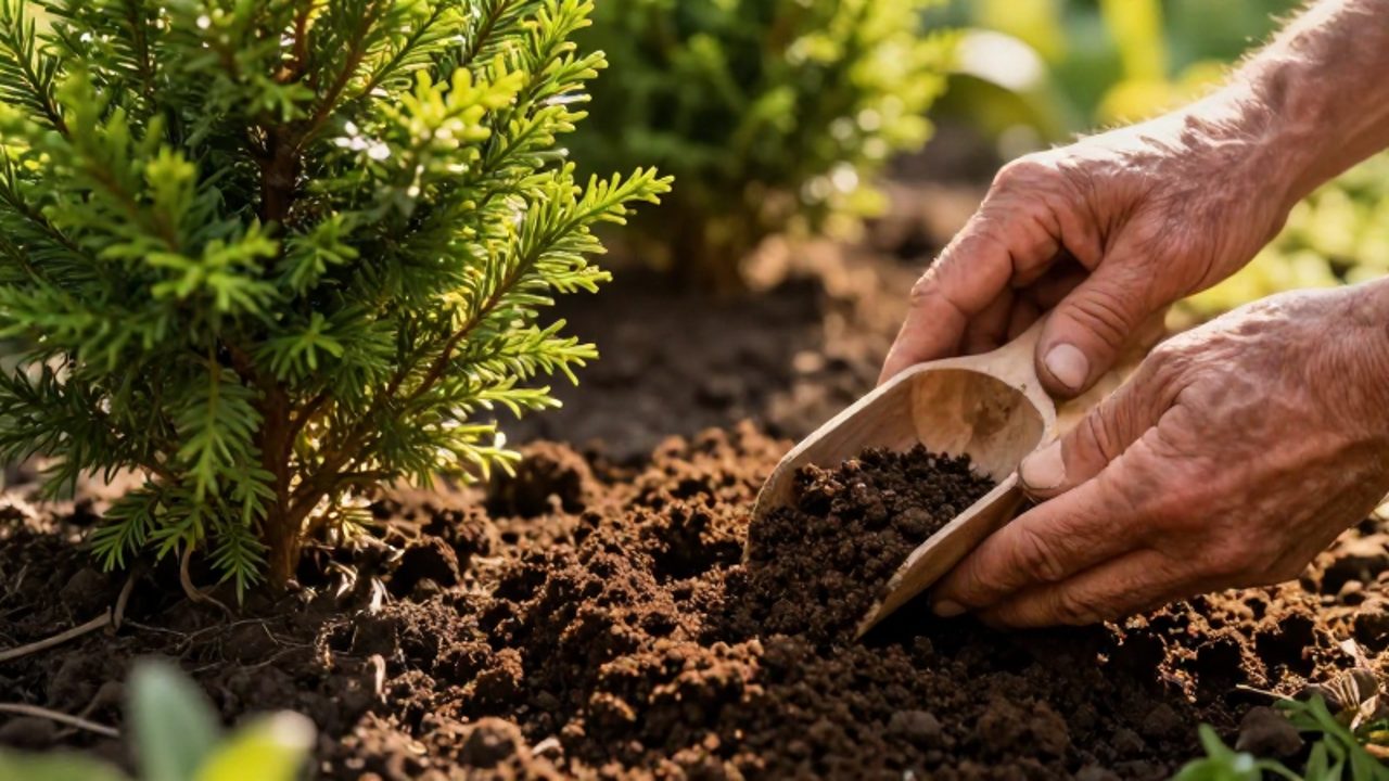 Unas manos mezclan compost orgánico en la tierra junto a la base de un arbusto de hoja perenne.