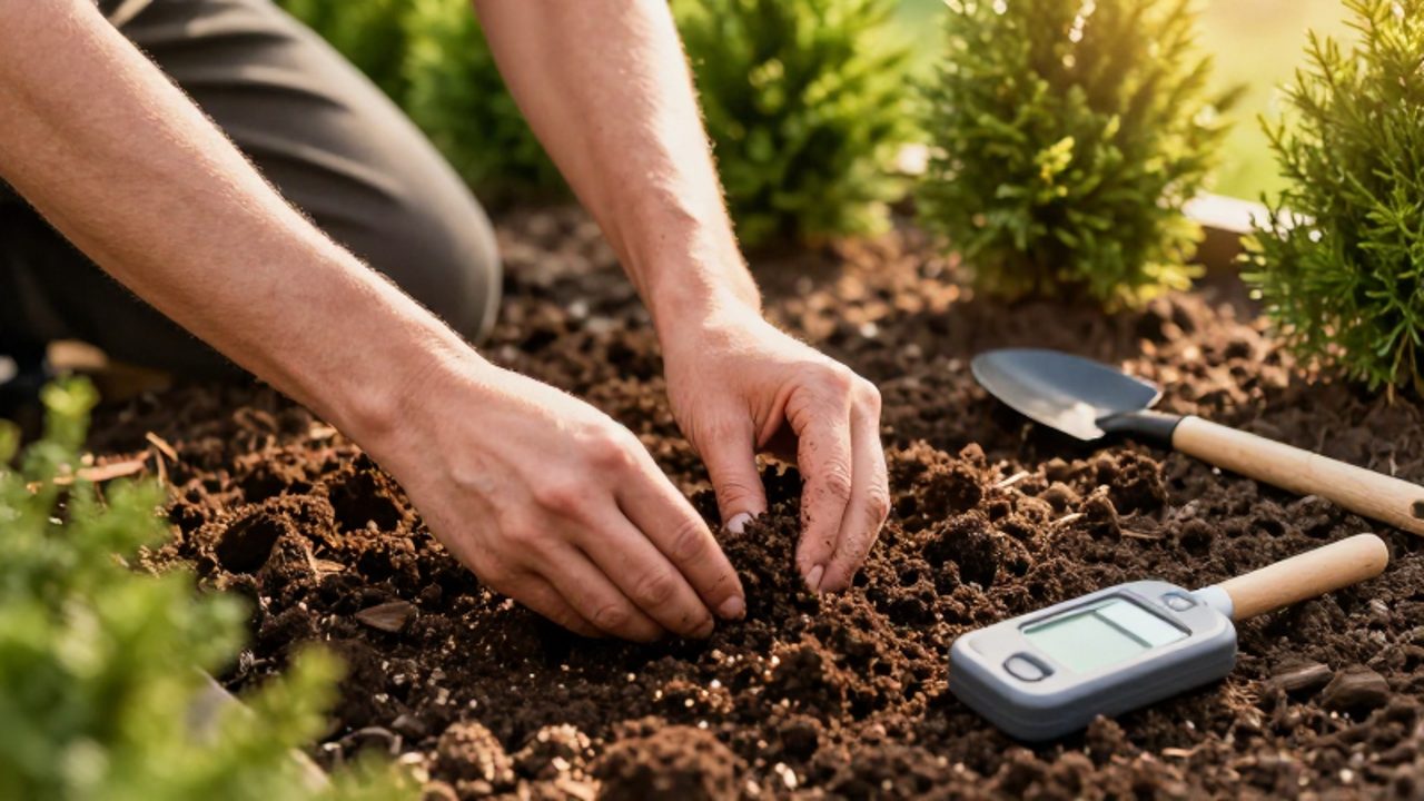 Manos de un jardinero mezclando compost orgánico en un lecho de tierra para preparar el cultivo de arbustos perennes.