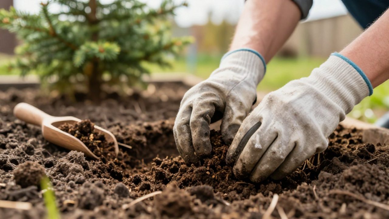 Manos con guantes mezclando compost orgánico en un agujero de plantación junto a la base de una conífera.