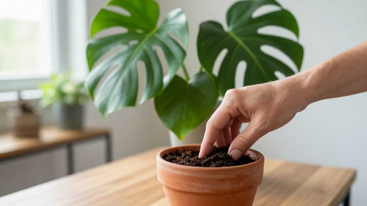 Una mano comprueba la humedad de la tierra en la maceta de una planta Monstera Deliciosa.