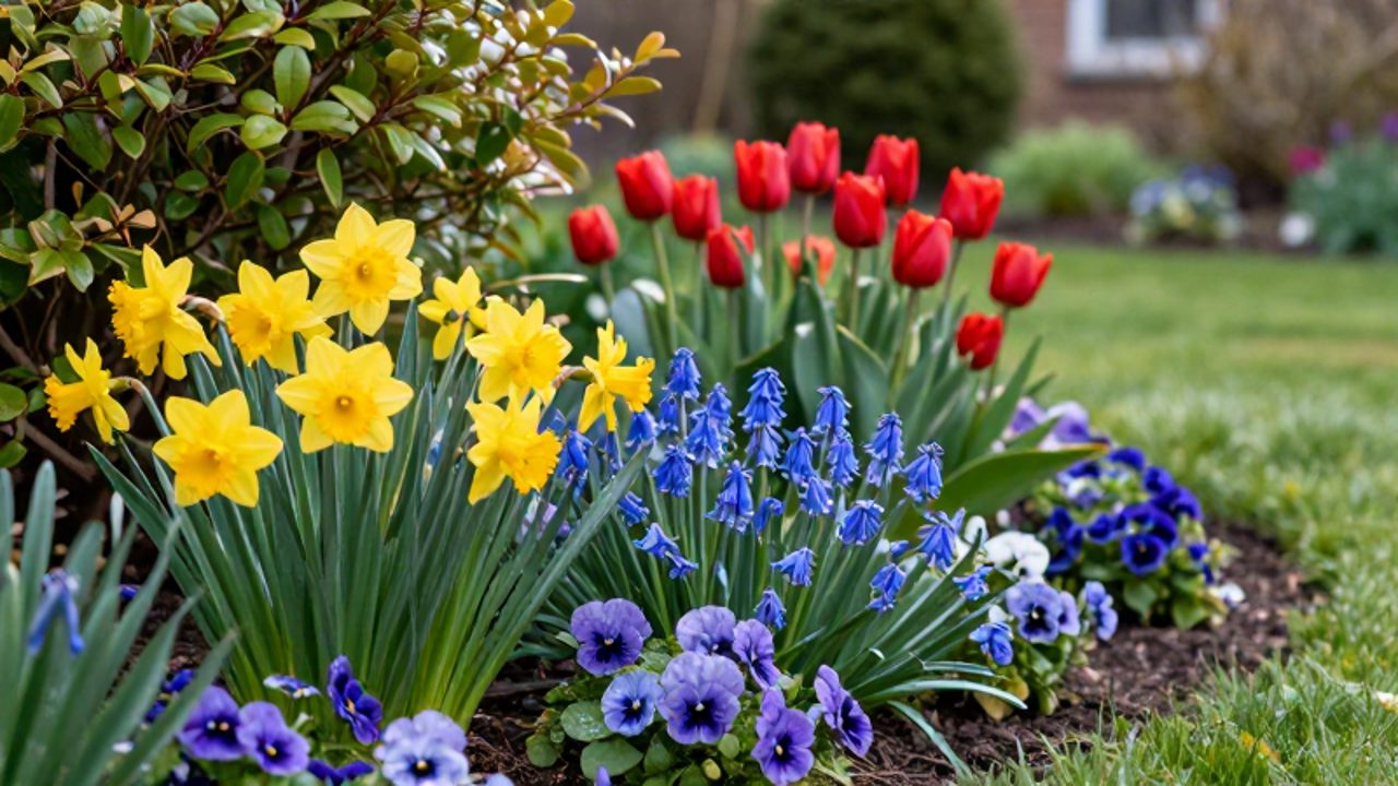 Parterre de flores primaverales con narcisos amarillos, tulipanes rojos, campanillas azules y pensamientos morados en un jardín residencial.