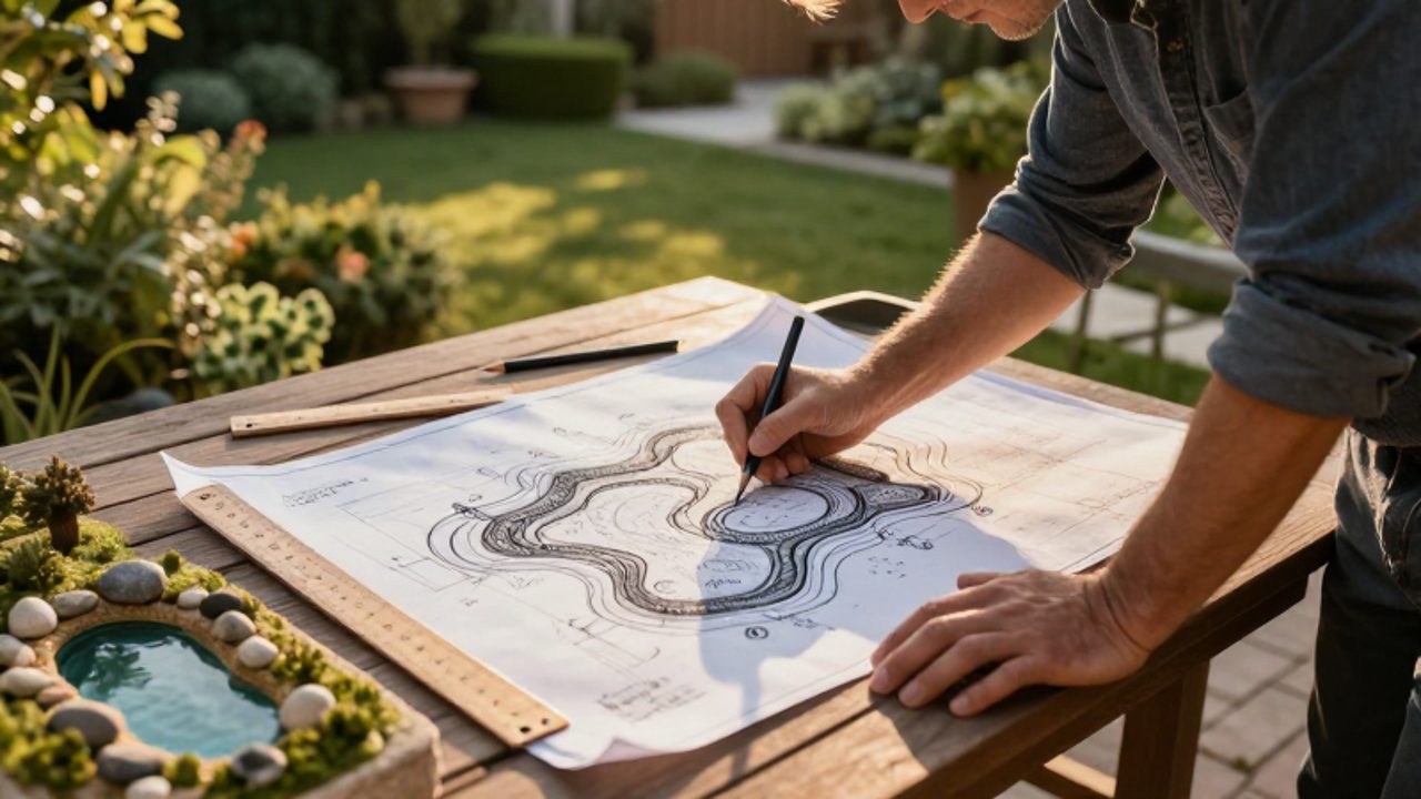 Un arquitecto paisajista dibuja el diseño de un estanque en un plano sobre una mesa de madera en un jardín soleado.