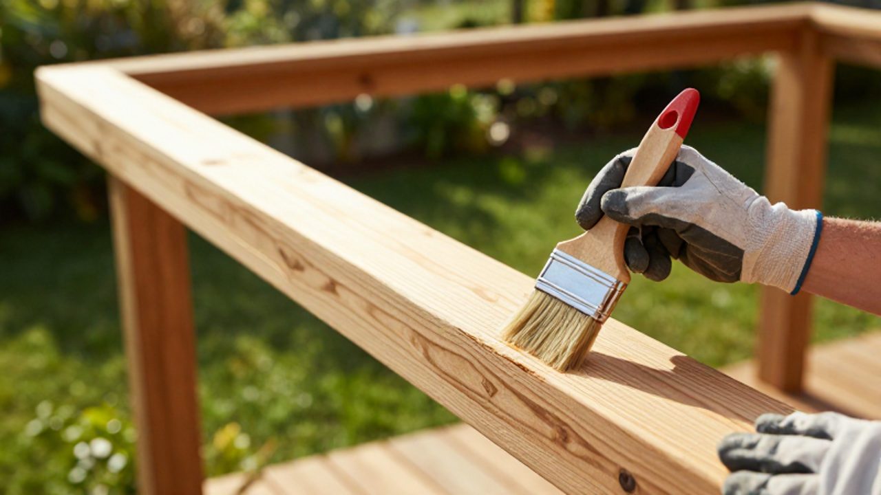 Manos con guantes aplicandoun protector transparente con una brocha sobre una viga de madera de la pérgola en un jardín.