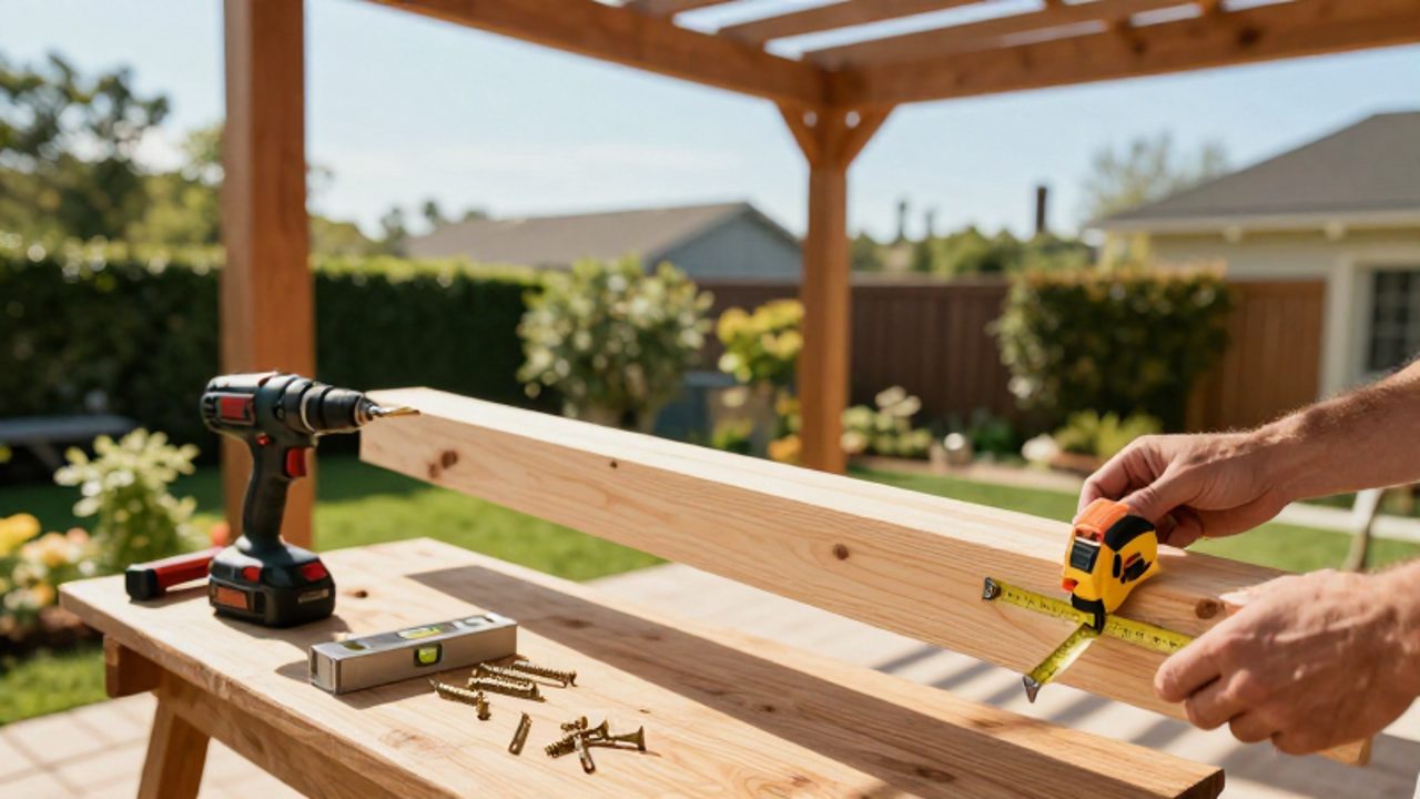Unas manos miden con una cinta métrica una viga de madera de cedro durante la construcción de una pérgola en un patio con jardín de fondo.
