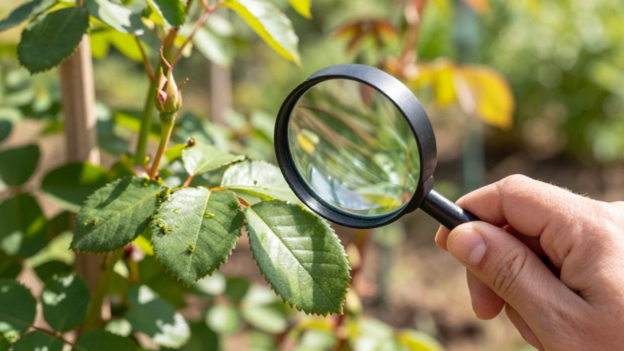 Una mano inspecciona el envés de una hoja de rosal con una lupa para detectar la presencia de pulgones cerca de un brote.