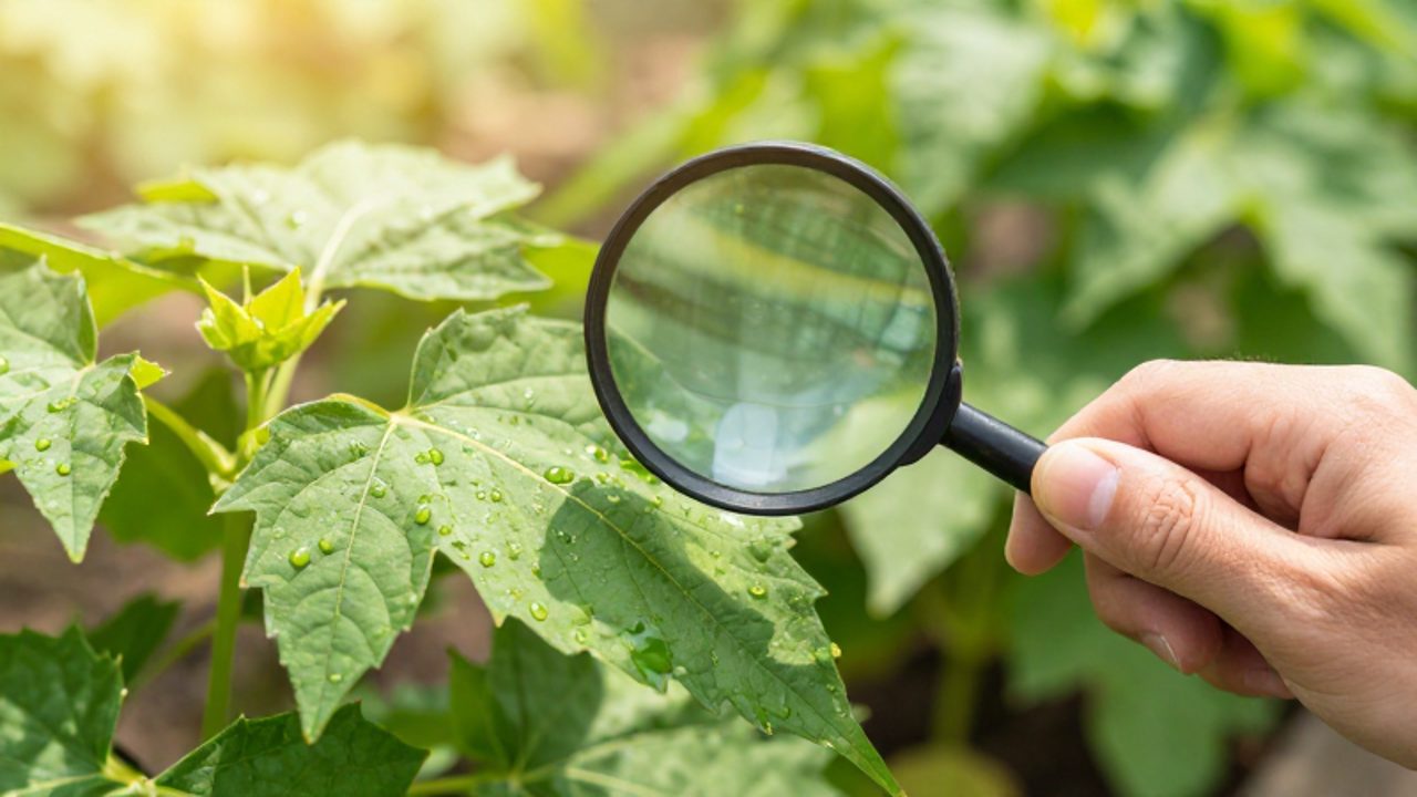 Una mano utiliza una lupa para inspeccionar minuciosamente una hoja verde y saludable en un jardín soleado.