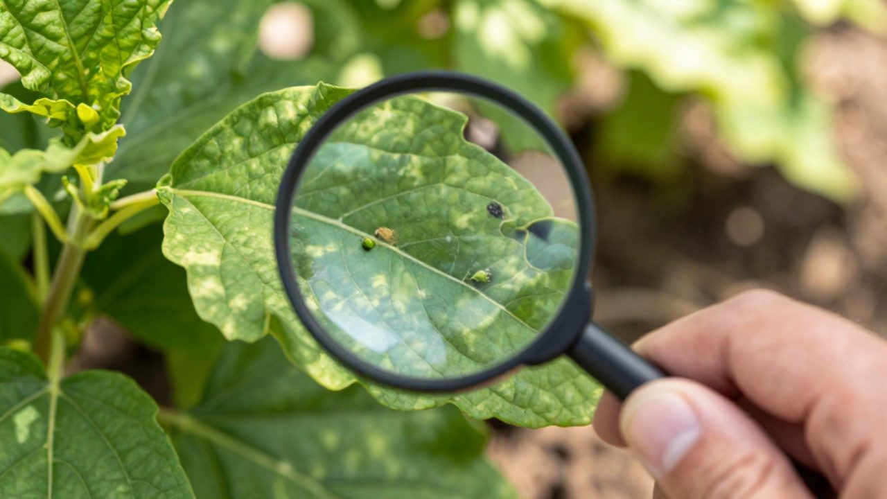Una mano utiliza una lupa para inspeccionar el envés de una hoja verde donde se aprecian pequeños pulgones y signos de manchas por virus.