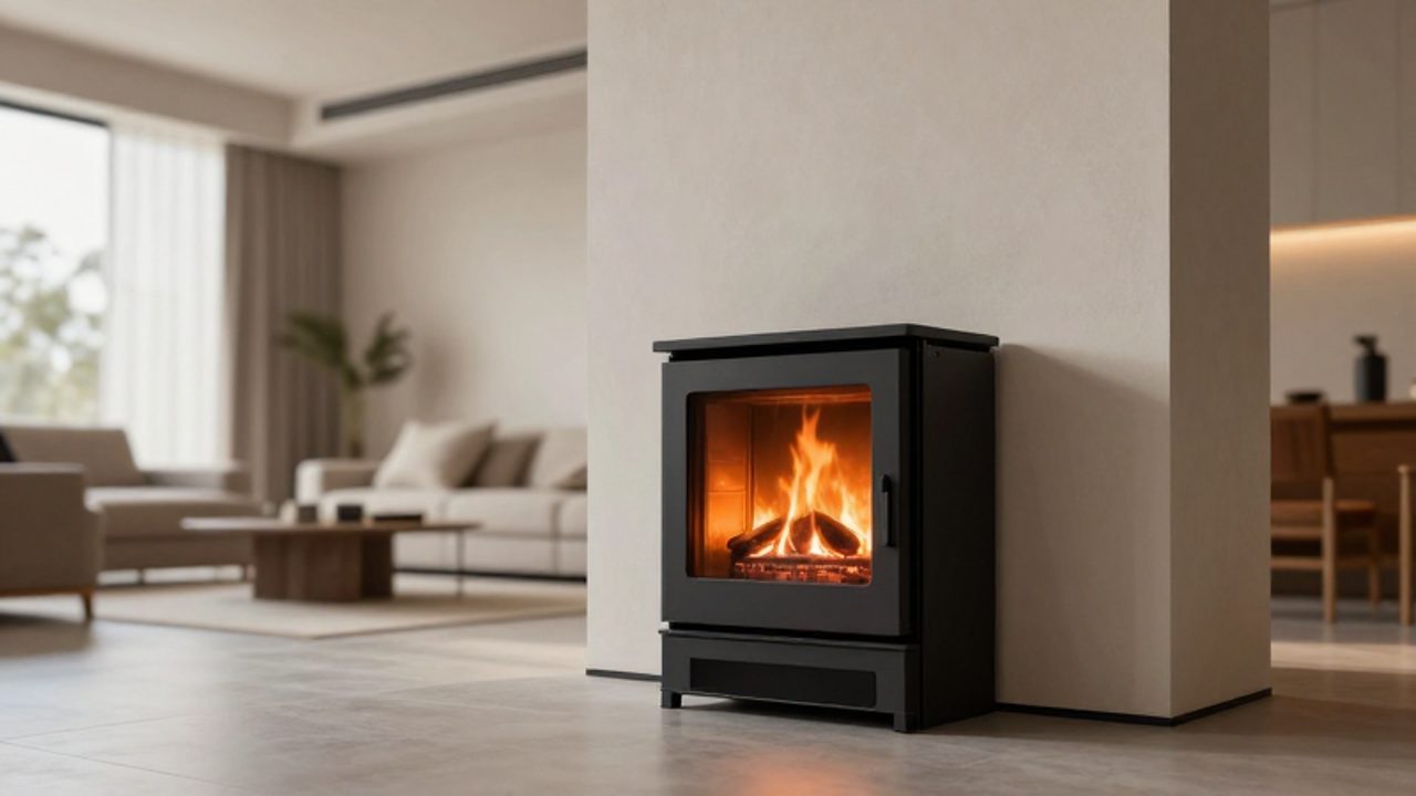 Estufa de pellets moderna encendida en un salón minimalista con un sistema de ventilación de aire integrado en la parte superior.