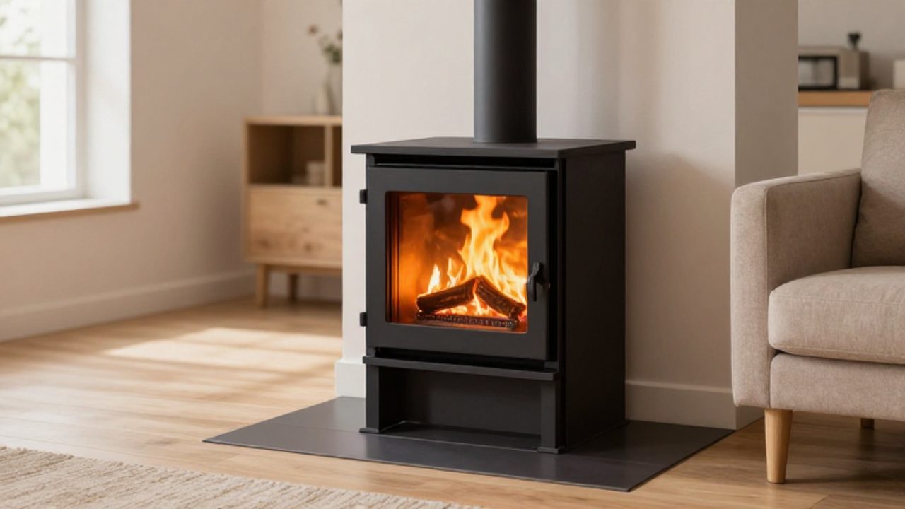 Estufa de pellets moderna de metal negro con fuego encendido en un salón contemporáneo y acogedor.