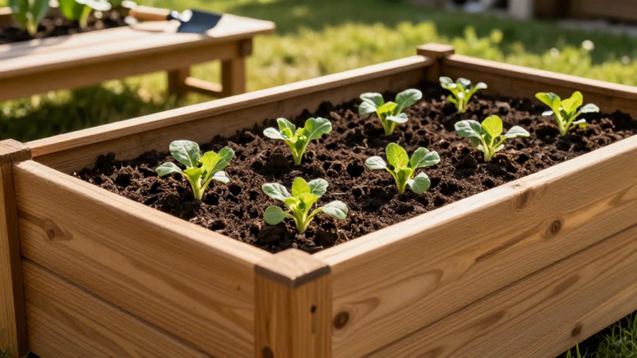 Cama de cultivo elevada de madera de cedero con pequeños brotes de vegetales plantados en tierra oscura, situada en un jardín soleado.