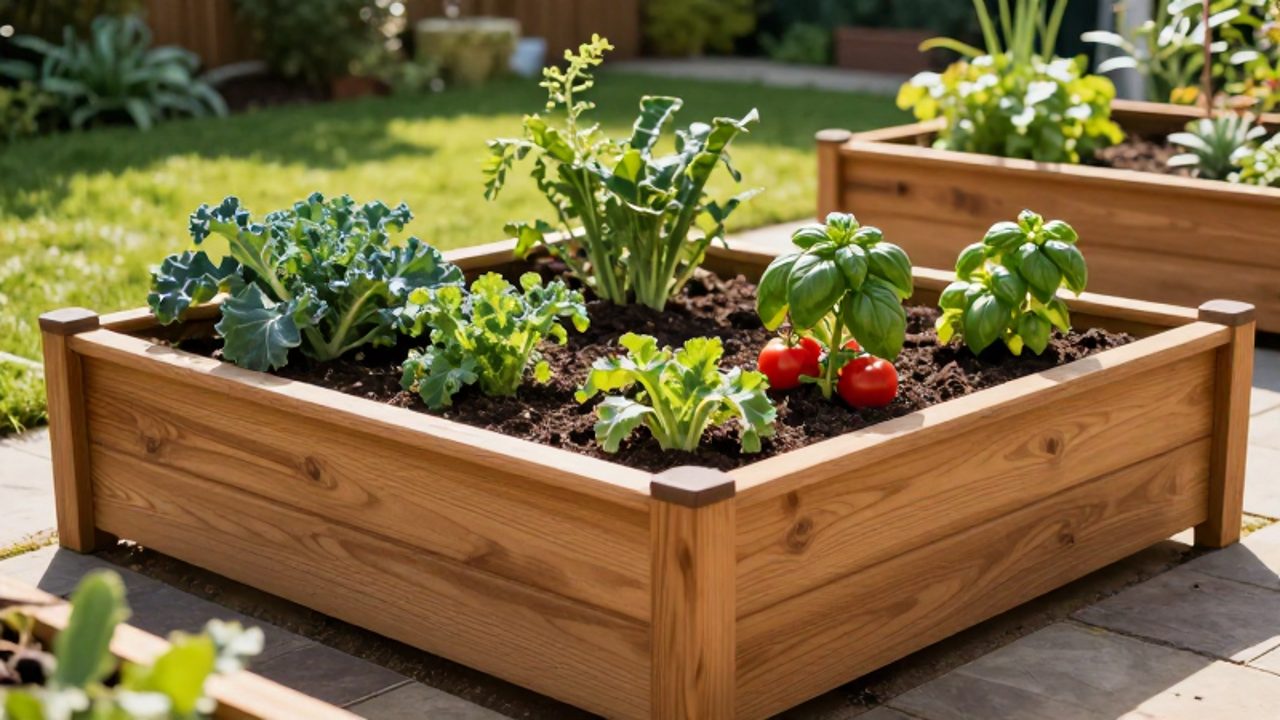 Cajón de madera de cedro con plantas de tomate, kale y albahaca creciendo en un huerto elevado en un jardín soleado.