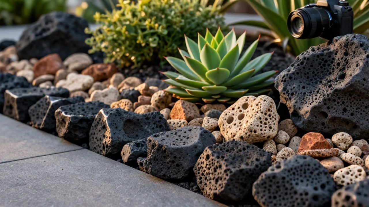 Piedras de basalto oscuro bordean un sendero junto a piedras pómez claras dispuestas alrededor de una planta suculenta en un jardín moderno.