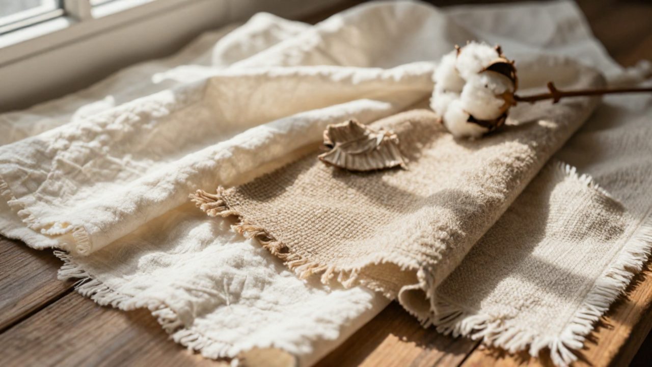 Muestras de diferentes textiles orgánicos como algodón, lino y cáñamo dispuestas sobre una mesa de madera con ramas secas.