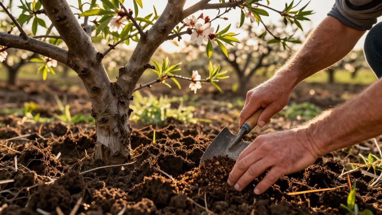 Manos de un jardinero aplicando compost orgánico en la base de un almendro para enriquecer el suelo.