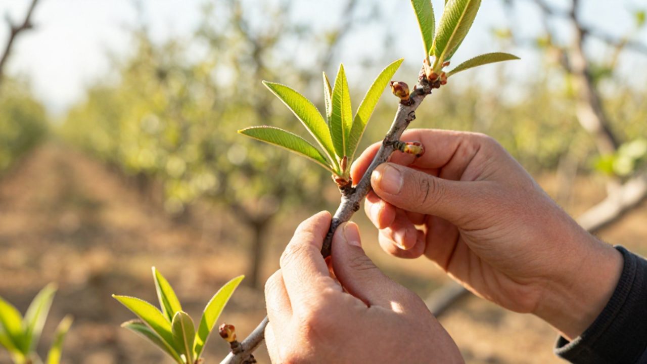 Un horticultor inspecciona de cerca los brotes nuevos y los pequeños frutos en una rama de almendro para evaluar su estado de salud.