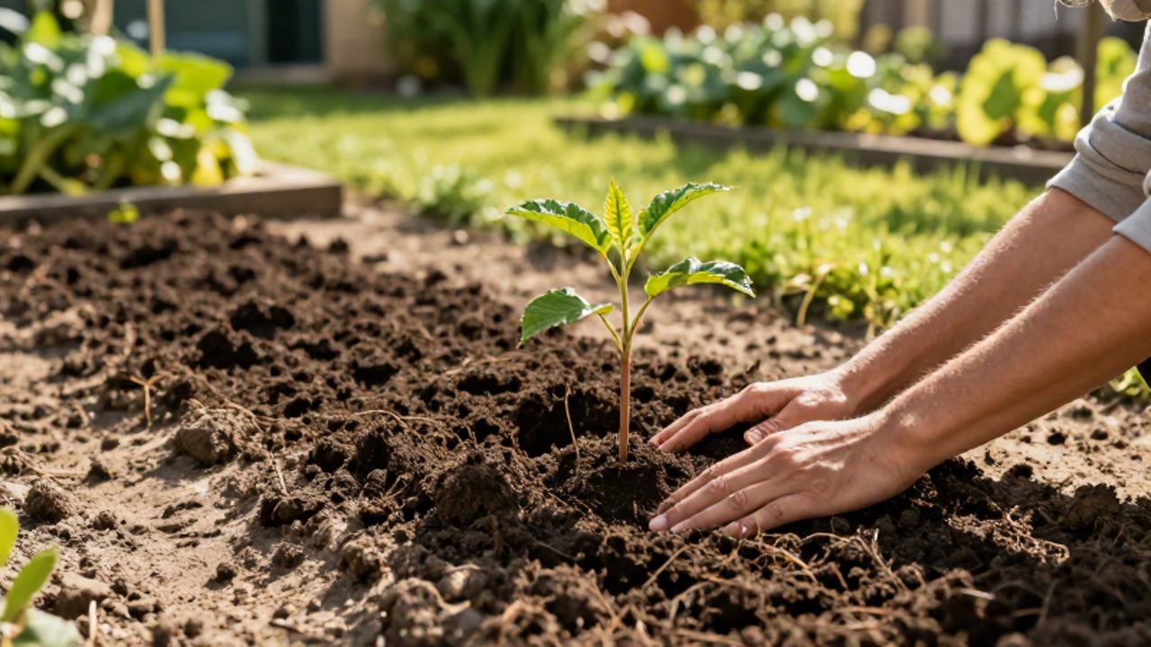 Unas manos de jardinero compactan tierra oscura y fértil alrededor de la base de un pequeño árbol recién plantado en un jardín soleado.
