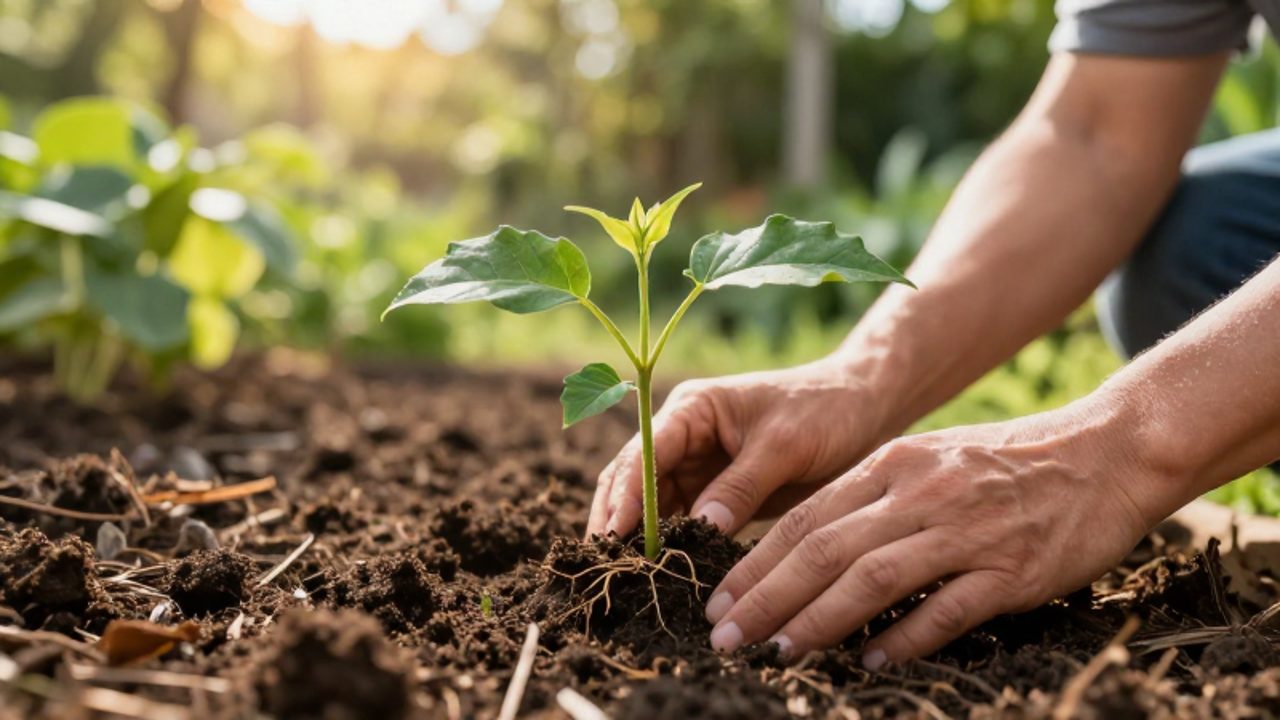 Manos de un jardinero inspeccionando un pequeño árbol joven recién plantado en tierra oscura y fértil.