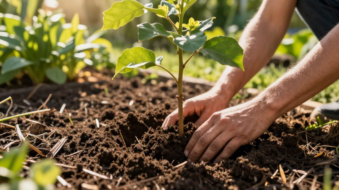 Manos de un jardinero presionando la tierra oscura alrededor de un pequeño árbol recién plantado en un jardín fértil.