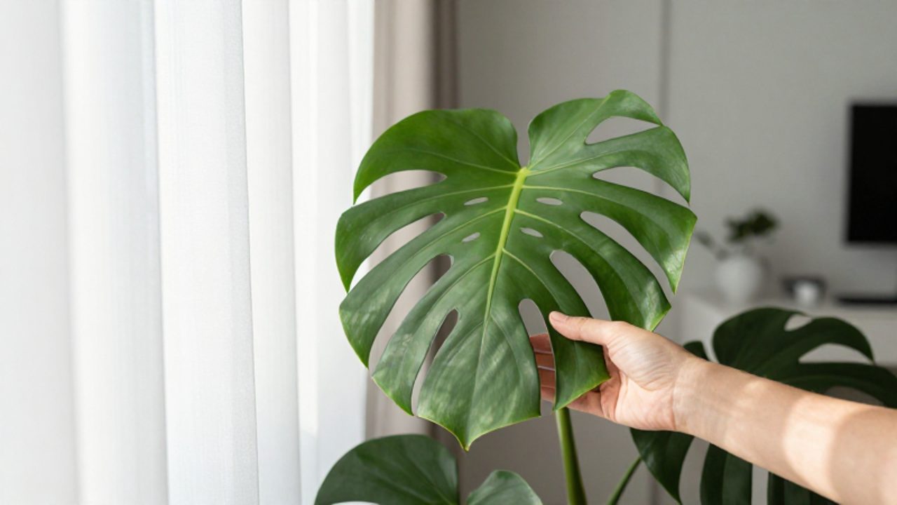 Una mano proyecta una sombra suave sobre las hojas de una Monstera deliciosa junto a una ventana con cortinas traslúcidas para ilustrar la luz indirecta.