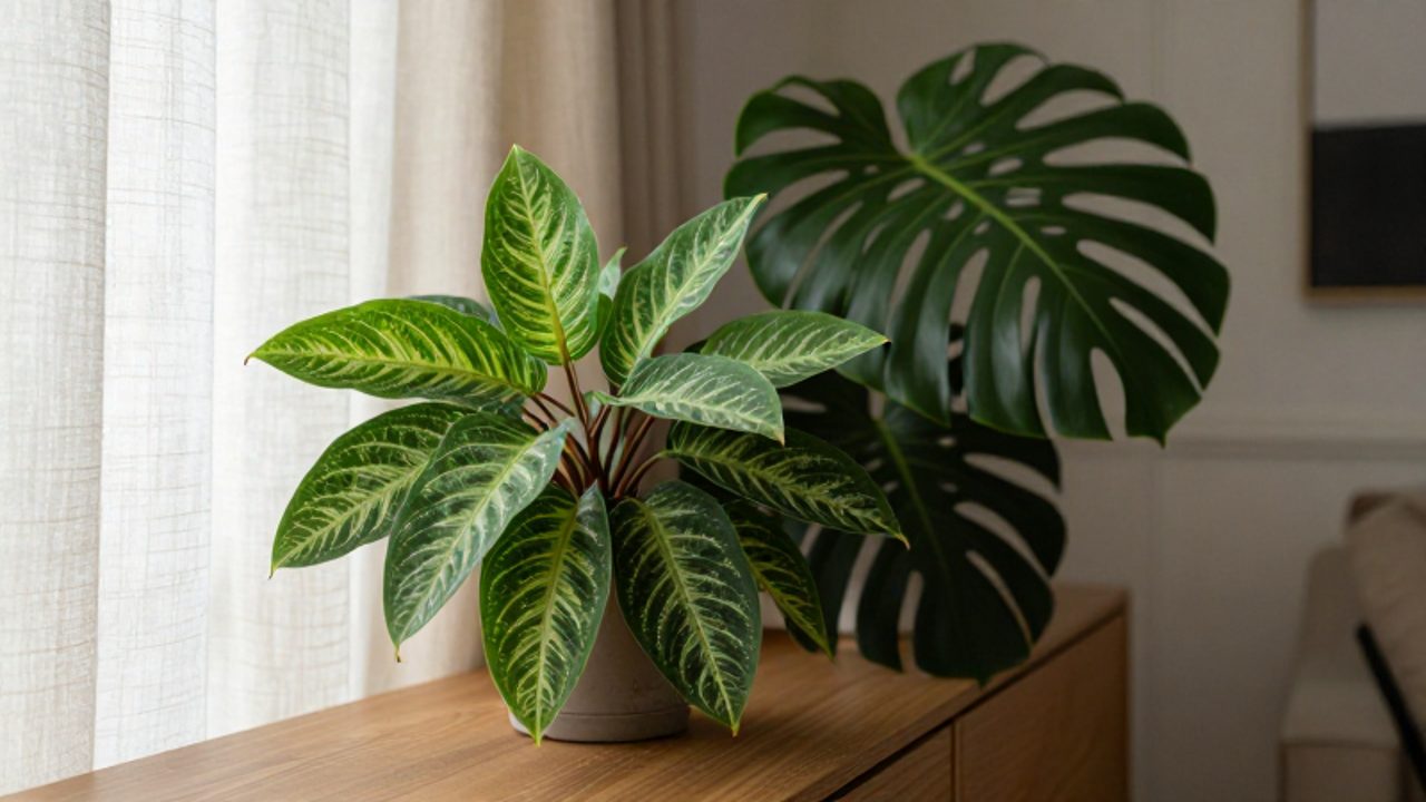 Variedad de plantas de interior como una Calathea y una Monstera dispuestas sobre un mueble de madera en un salón iluminado con luz indirecta.