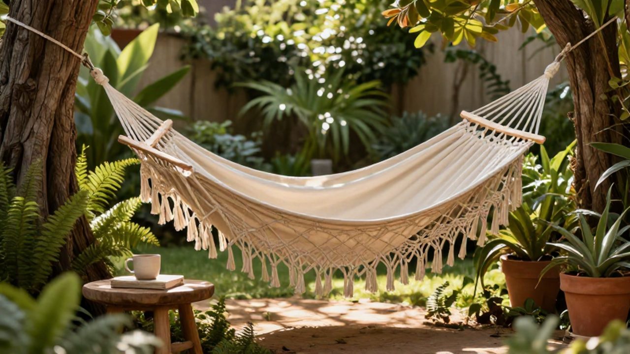 Hamaca de algodón color crema con detalles de macramé suspendida entre dos árboles en un rincón de jardín decorado con plantas y una pequeña mesa de madera.