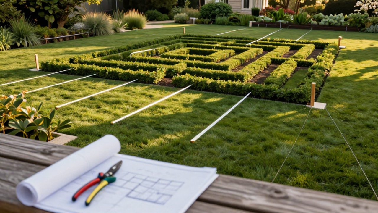 Estacas de madera y cuerdas blancas marcan el trazado geométrico de un laberinto sobre un césped verde en un jardín.