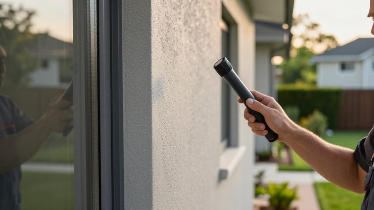 Persona inspeccionando de cerca la textura del revestimiento de estuco gris en una pared exterior con una linterna.