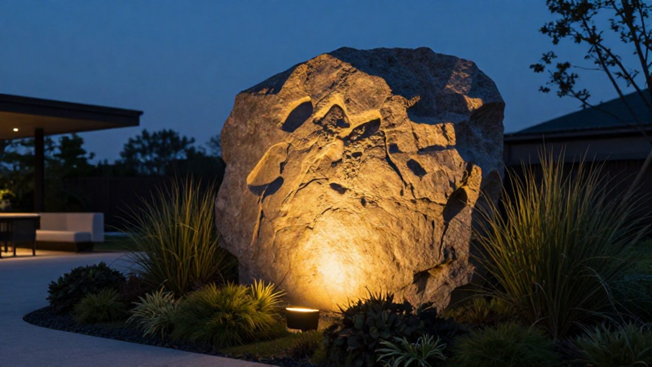 Escultura de piedra iluminada desde su base con luces LED cálidas en un jardín al atardecer.