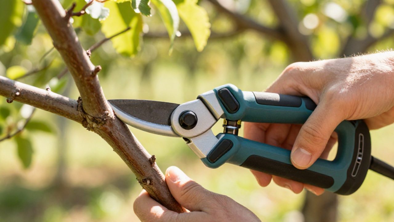 Manos utilizando unas tijeras eléctricas inalámbricas para realizar un corte preciso en la rama de un árbol frutal en un huerto.