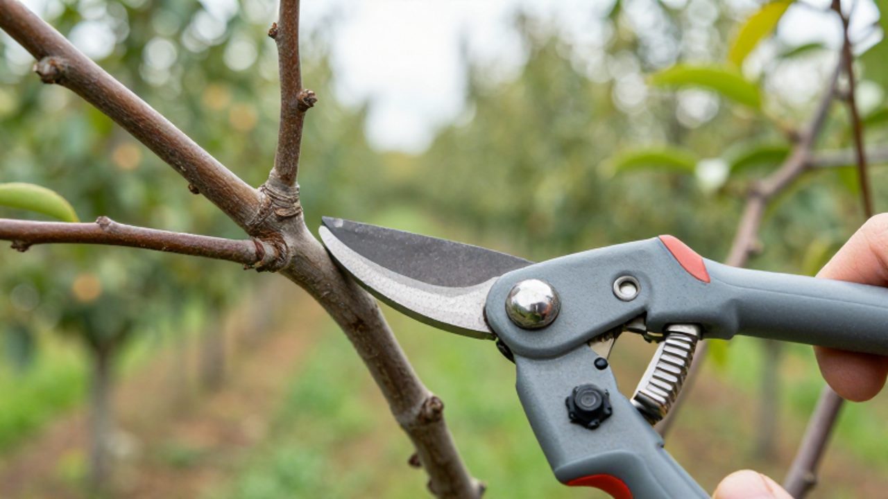 Unas tijeras eléctricas de poda realizan un corte preciso en la rama de un árbol frutal en un huerto.
