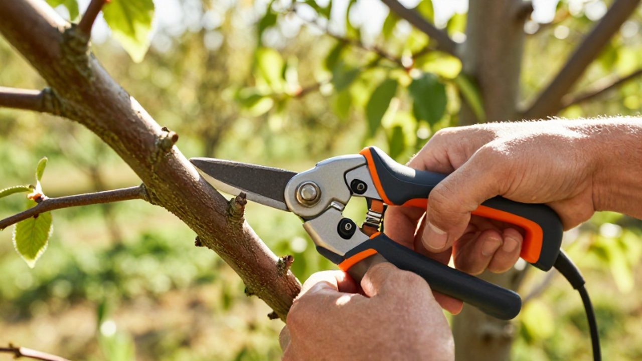 Manos de un jardinero realizando un corte preciso en la rama de un frutal utilizando unas tijeras eléctricas inalámbricas.